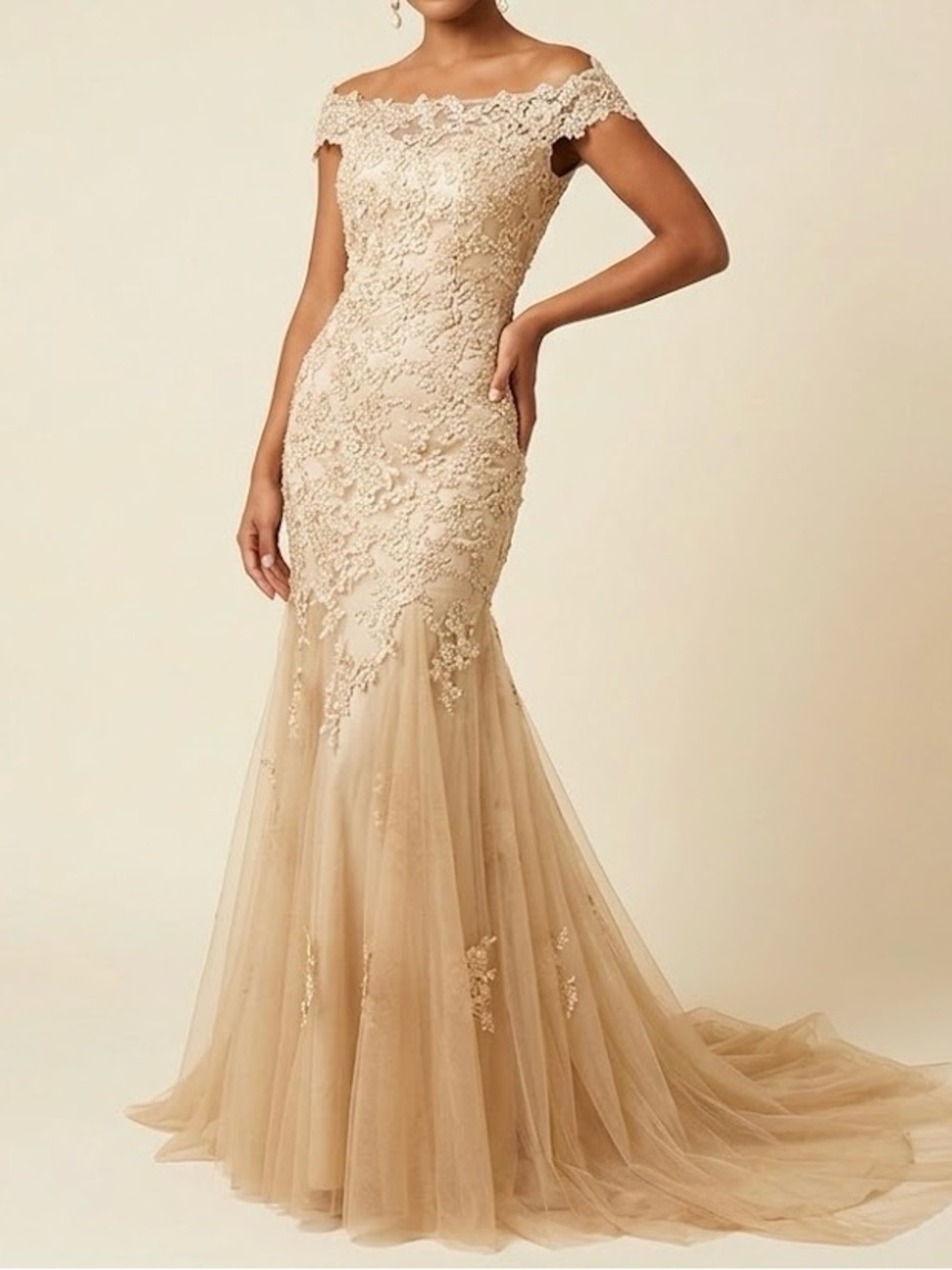 Champagne Mermaid Lace Beaded Evening Gown